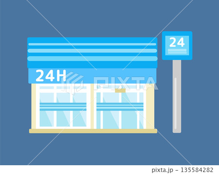夜間の都会的デザインの青いコンビニ建物イラスト 135584282