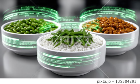 Bowls of rice and vegetables with a digital effect during a cooking session in a kitchen 135584293