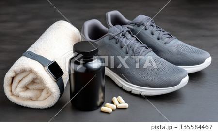 Workout essentials on a table with shoes, towel, watch, bottles, and capsules for fitness routines Workout essentials on a table with shoes, towel, watch, bottles, and capsules for fitness routines 135584467