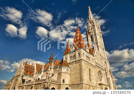 View to Matthias Church in the Castle District. Matthias Church is one of the most famous landmarks of Budapest. 135584570