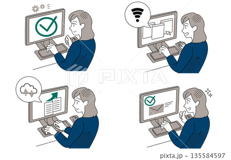 パソコンの問題を解決して安心する女性のオフィスイラストセット 135584597
