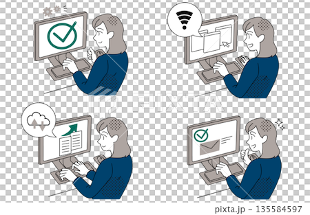 パソコンの問題を解決して安心する女性のオフィスイラストセット 135584597