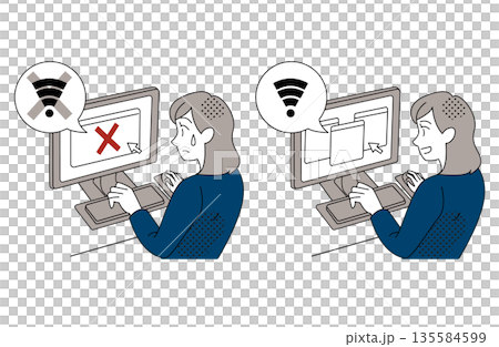 Female office illustration showing WiFi connection trouble and recovery Female office illustration showing WiFi connection trouble and recovery 135584599