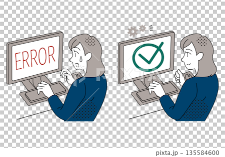 Before and after illustration of a woman solving a computer error 135584600