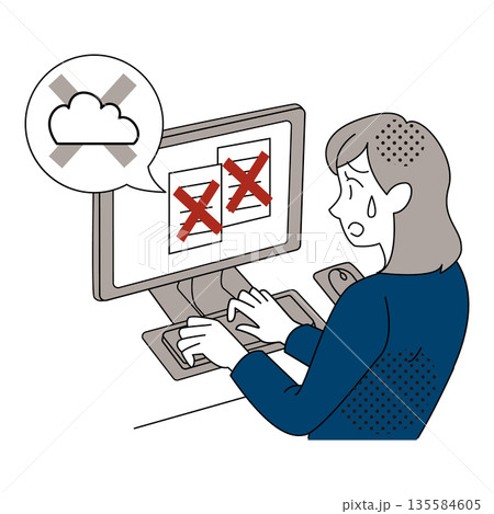 クラウドに保存できず困る女性のオフィスイラスト 135584605