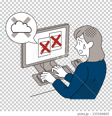 クラウドに保存できず困る女性のオフィスイラスト 135584605