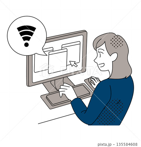 Wi-Fi接続が復旧して作業する女性のオフィスイラスト 135584608