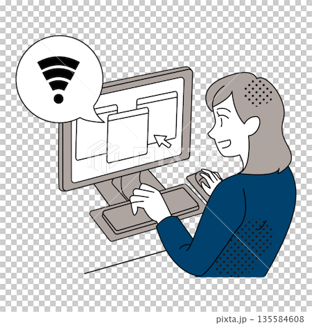 Wi-Fi接続が復旧して作業する女性のオフィスイラスト 135584608