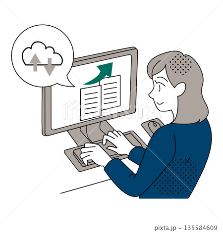 クラウドにアップロードして作業が進む女性のオフィスイラスト 135584609