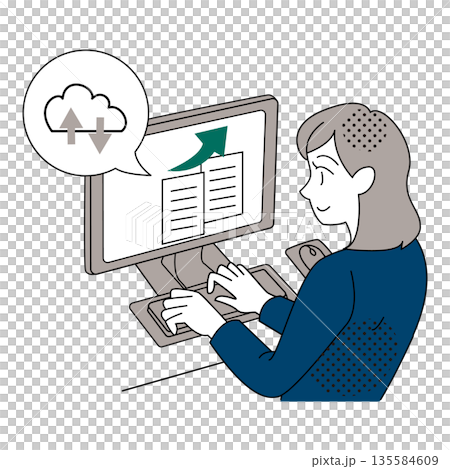 辦公室插圖,描繪了一位女士正在上傳資料到雲端並工作。 辦公室插圖,描繪了一位女士正在上傳資料到雲端並工作。 135584609