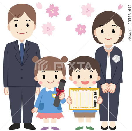 卒園式に出席する父母と子供達、家族のイラスト 135584699