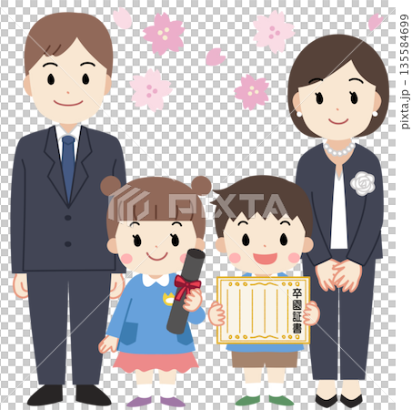 卒園式に出席する父母と子供達、家族のイラスト 135584699