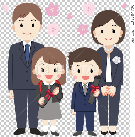Illustration of a family attending an elementary school graduation ceremony Illustration of a family attending an elementary school graduation ceremony 135584700