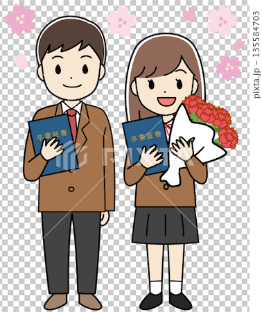Illustration of male and female students with diplomas attending a graduation ceremony Illustration of male and female students with diplomas attending a graduation ceremony 135584703