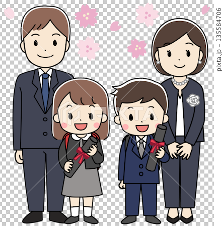 一幅描繪一家人參加小學畢業典禮的插圖 一幅描繪一家人參加小學畢業典禮的插圖 135584706