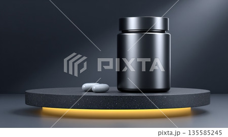 Container and tablets on display in a modern setting with spotlight and black surface 135585245