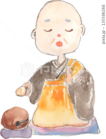 座ってお経を唱えながら木魚を叩く可愛いお坊さんのイラスト ベクター 座ってお経を唱えながら木魚を叩く可愛いお坊さんのイラスト ベクター 135586268