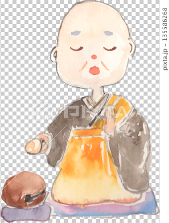 座ってお経を唱えながら木魚を叩く可愛いお坊さんのイラスト ベクター 座ってお経を唱えながら木魚を叩く可愛いお坊さんのイラスト ベクター 135586268