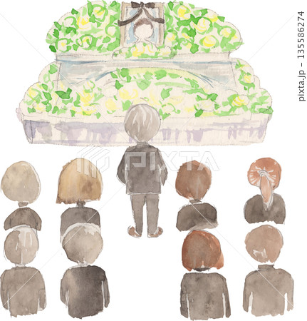 水彩で描いたお葬式の様子・祭壇の前の参列者 ベクター 水彩で描いたお葬式の様子・祭壇の前の参列者 ベクター 135586274