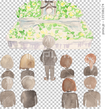 水彩で描いたお葬式の様子・祭壇の前の参列者 ベクター 水彩で描いたお葬式の様子・祭壇の前の参列者 ベクター 135586274