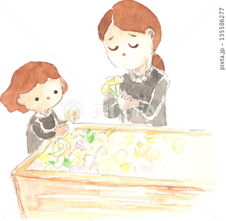 納棺　故人にお別れをする遺族の水彩イラスト　ベクター 135586277