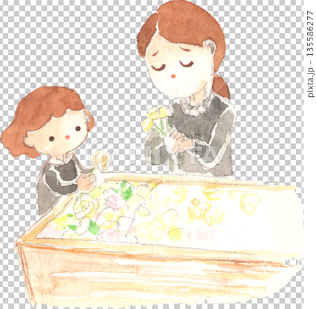 納棺　故人にお別れをする遺族の水彩イラスト　ベクター 135586277