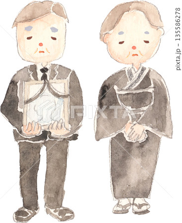 喪服を着て遺影を持つ男女の夫婦の水彩イラスト　ベクター 135586278