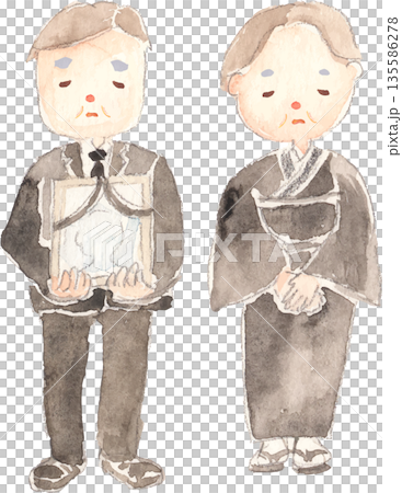 喪服を着て遺影を持つ男女の夫婦の水彩イラスト　ベクター 135586278
