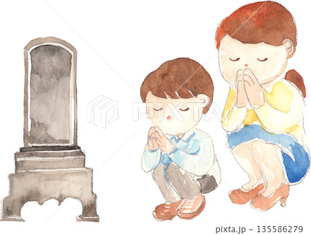 墓参りをしている親子の水彩イラスト　ベクター 135586279