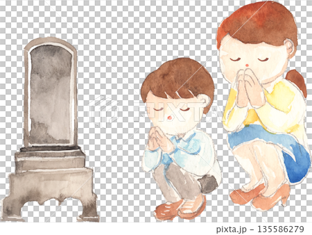 墓参りをしている親子の水彩イラスト　ベクター 135586279