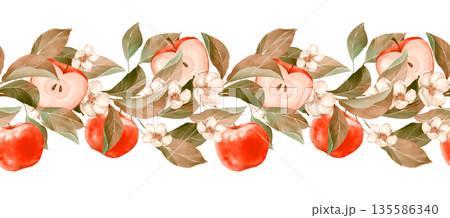 Hand drawn illustration of a seamless horizontal border featuring deep red apples, pink blossoms, and golden autumn leaves. Hand drawn illustration of a seamless horizontal border featuring deep red apples, pink blossoms, and golden autumn leaves. 135586340