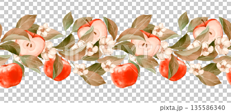 Hand drawn illustration of a seamless horizontal border featuring deep red apples, pink blossoms, and golden autumn leaves. 135586340