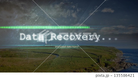 Digital overlay progressing at coastal headland, with Data Recovery bar and encrypted data transfer Digital overlay progressing at coastal headland, with Data Recovery bar and encrypted data transfer 135586421