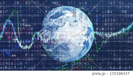 3D Earth globe rotating in blue grid, with line graphs, candlesticks, percentages and binary digits 135586437