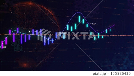 Displaying market chart on dashboard, with candlestick bars, curved line and glowing sphere 135586439