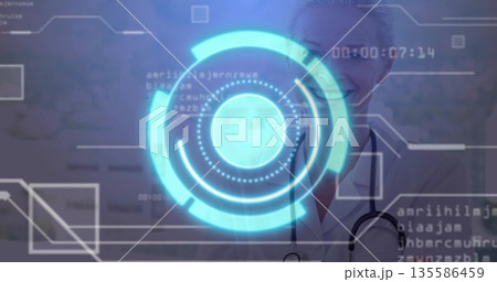 Doctor in lab coat viewing digital interface in clinic, with stethoscope, data overlays, copy space Doctor in lab coat viewing digital interface in clinic, with stethoscope, data overlays, copy space 135586459