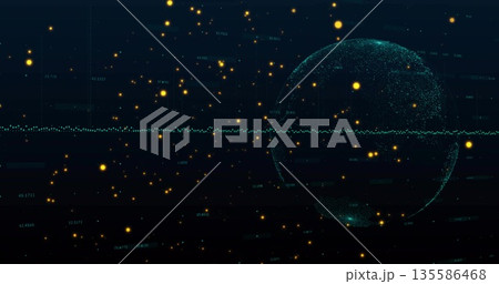Displaying teal sphere filling right interface, with green waveform and yellow orbs, copy space 135586468