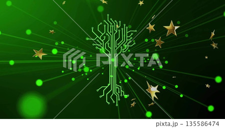 Radiating green circuit-tree shape glowing in virtual environment, with gold stars and glowing orbs 135586474