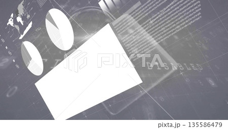Displaying white tilted rectangle covering digital grid with world map, disabled text, light beams Displaying white tilted rectangle covering digital grid with world map, disabled text, light beams 135586479