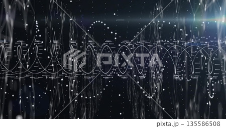 Displaying white dotted waveform structure in virtual space, with cascading dots and particles Displaying white dotted waveform structure in virtual space, with cascading dots and particles 135586508