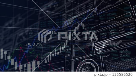 Displaying trading dashboard on screen showing candlestick charts, neon lines and percentage labels 135586520