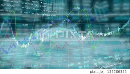 Showing candlestick chart and colored line graphs on trading panel, with percent labels and tickers Showing candlestick chart and colored line graphs on trading panel, with percent labels and tickers 135586523