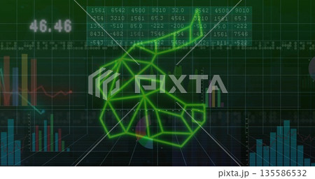 Displaying neon green bull symbol hovering over grid floor, with tickers, bar charts, line graphs 135586532