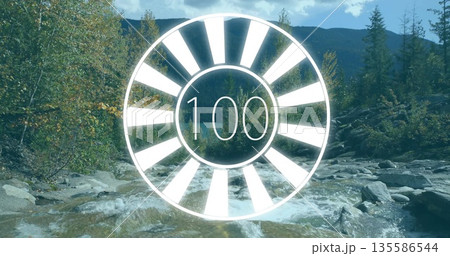 Superimposing circular progress graphic over creek in forested hills, with flowing water and rocks Superimposing circular progress graphic over creek in forested hills, with flowing water and rocks 135586544