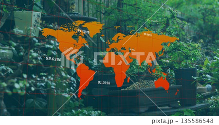 Displaying translucent orange world map overlay across greenhouse plant shelves, with potted bonsai Displaying translucent orange world map overlay across greenhouse plant shelves, with potted bonsai 135586548