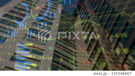 Displaying high-rise facade in financial district, showing line graphs, bar charts and indicators 135586667