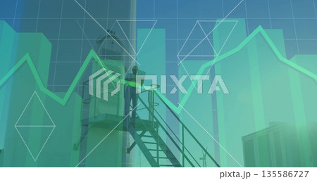 Inspecting tech wearing helmet and vest on roof staircase, with tablet, data overlays on HVAC units Inspecting tech wearing helmet and vest on roof staircase, with tablet, data overlays on HVAC units 135586727