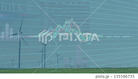 Spinning wind turbines on grassy plain under overcast sky, with digital stock market chart overlay Spinning wind turbines on grassy plain under overcast sky, with digital stock market chart overlay 135586735