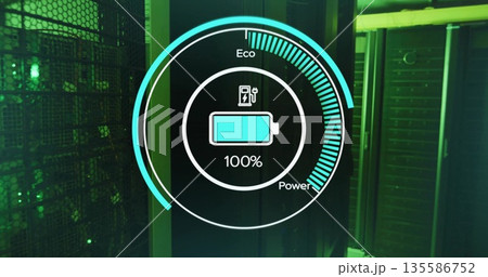 Displaying eco-power gauge showing full battery icon at data center with server racks, mesh panels Displaying eco-power gauge showing full battery icon at data center with server racks, mesh panels 135586752
