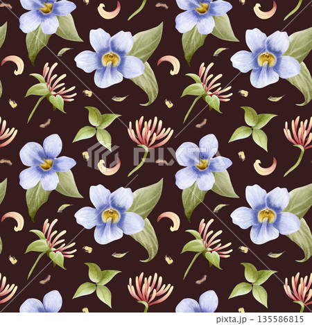 Watercolor seamless pattern with honeysuckle and purple tropical vine flowers with petals and leaves on dark brown. Pastel violet and pink garden plant hand drawn repeat background 135586815